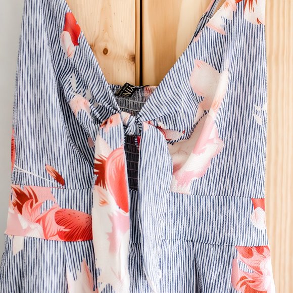 NWT FancyInn Blue Striped Pink Floral Front Cut Out Dress Size S Nautical Cotton - Picture 6 of 14